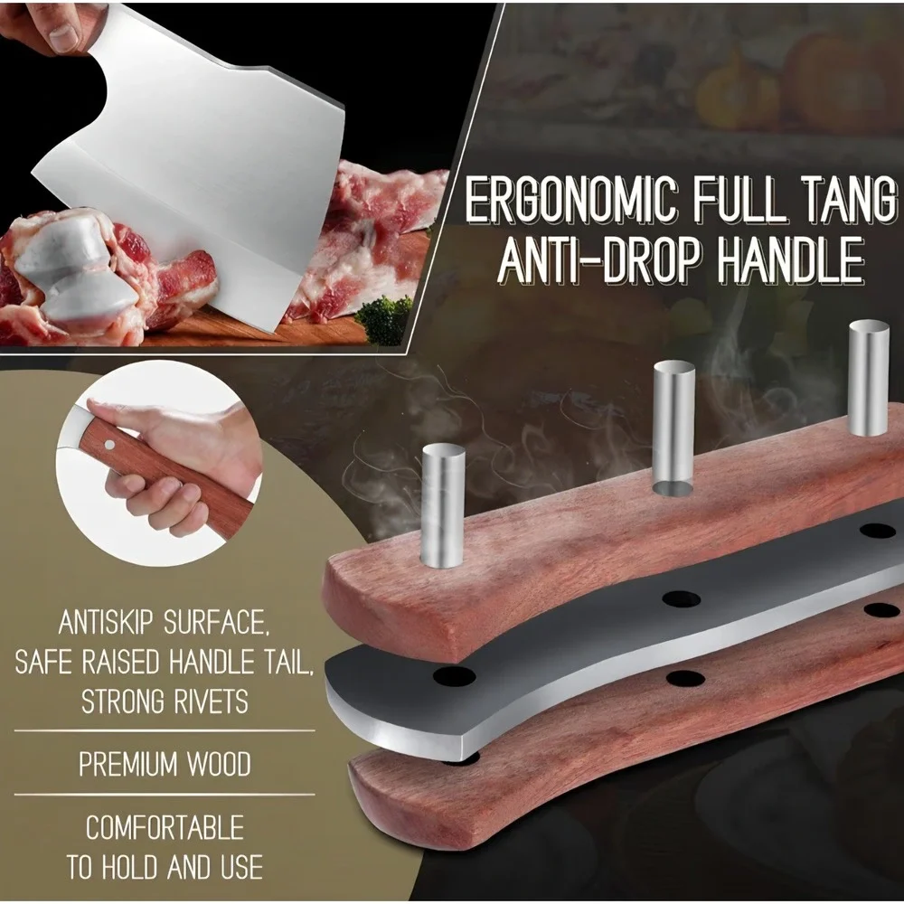 Rococo Stainless Steel Bone Cleaver Heavy Duty Meat‎ Chopper Wood Handle Knife